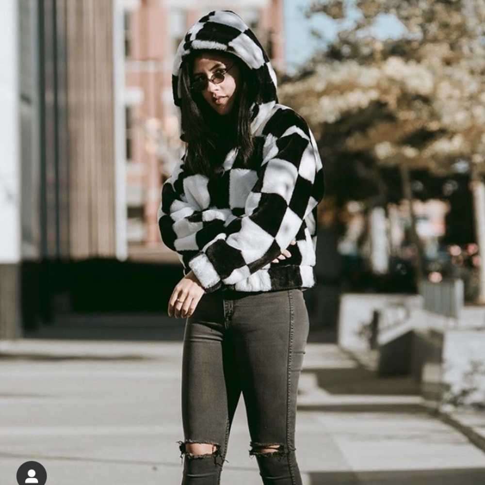 Checkerboard Print Fur Jacket